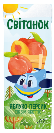 Яблучно-персиковий сік з м’якоттю гомогенізований стерилізований Світанок картонна пляшка 0.2 л